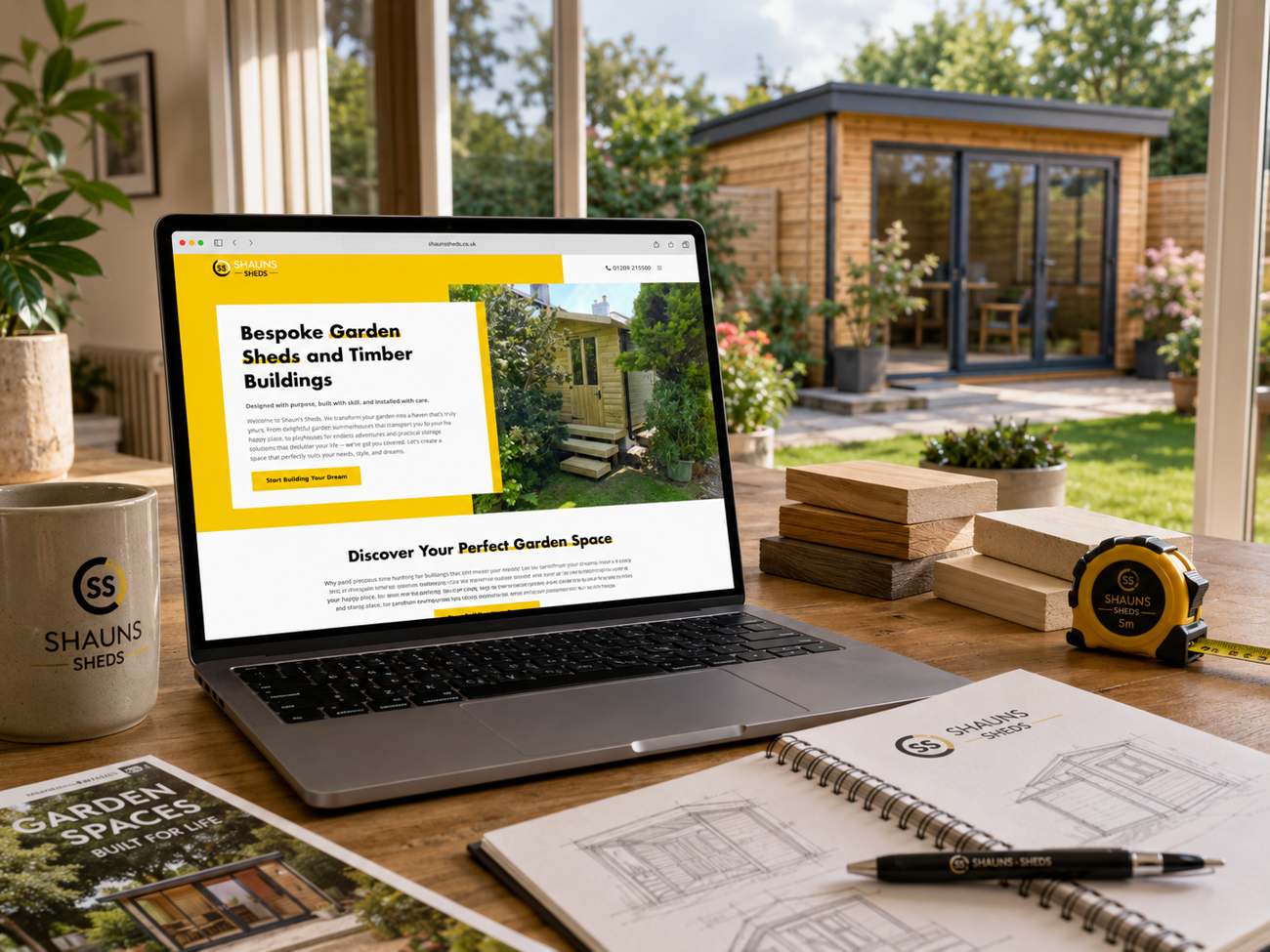 Shaun's Sheds website shown beside a finished garden room